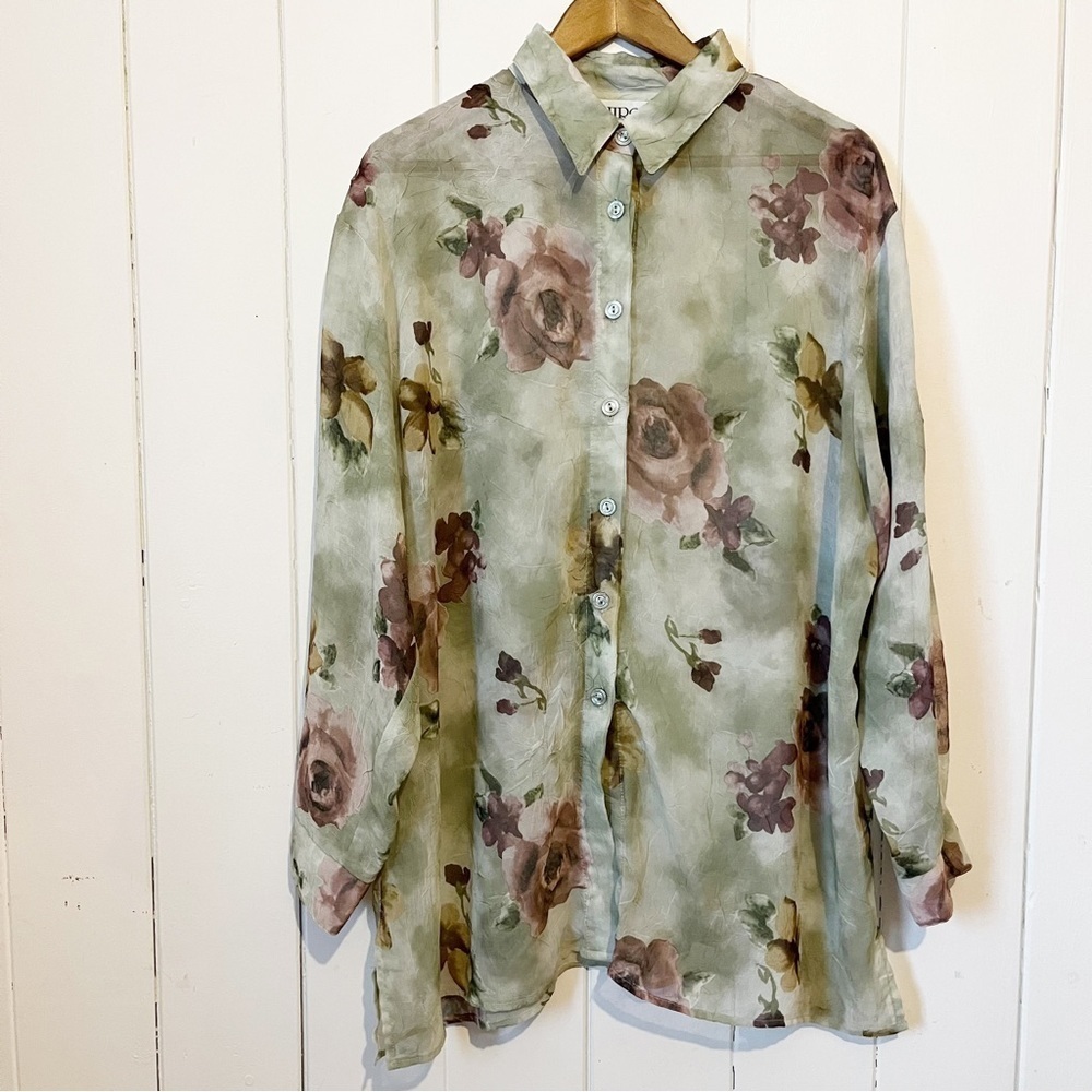 Hiroko Vintage Sheer Oversized Crinkle Green Rose Button Down Top.